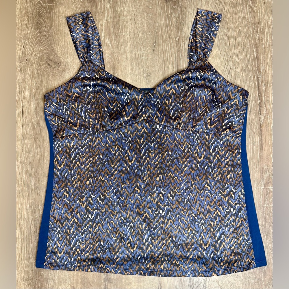 Ann Taylor, Mixed Media Animal Print Queen Anne Neck Sleeveless Blouse, Size XL